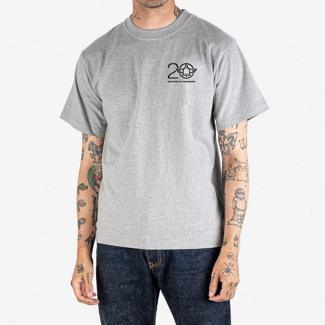 Iron Heart 7.5oz Printed "20th Anniversary" Loopwheel Crew Neck T-Shirt - Grey