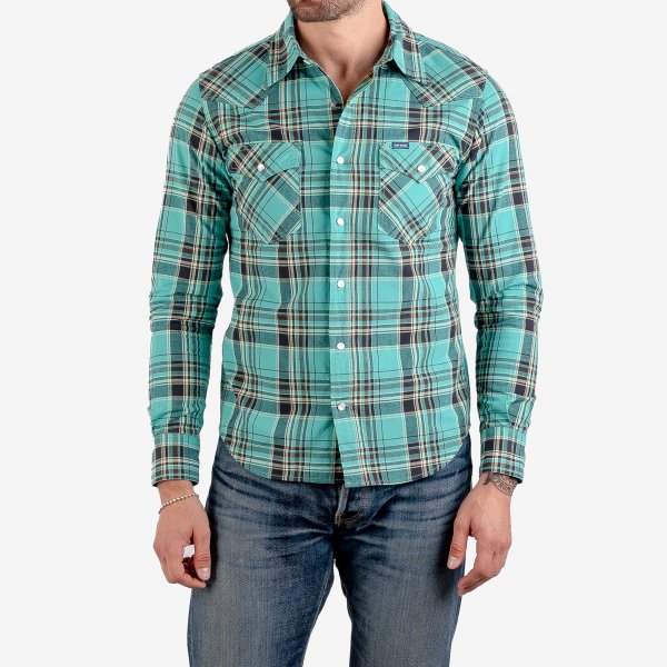 Iron Heart IHSH 355 5oz Madras Check Western Shirt Green