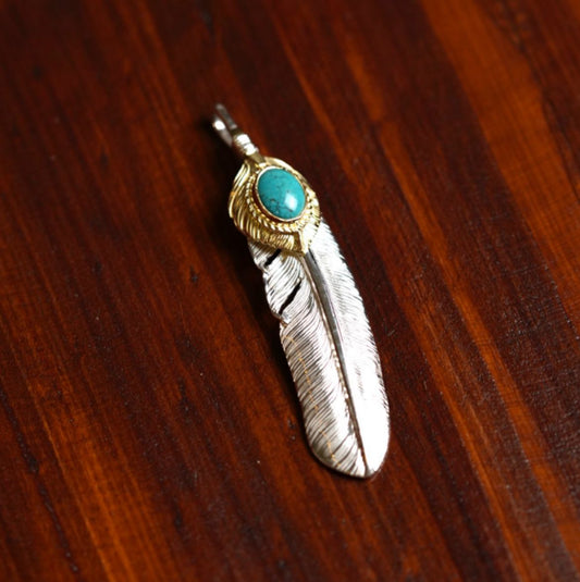 First Arrow's Silver P-601L Feather With K18 Heartfeather and Turquoise (K18 Bezel)